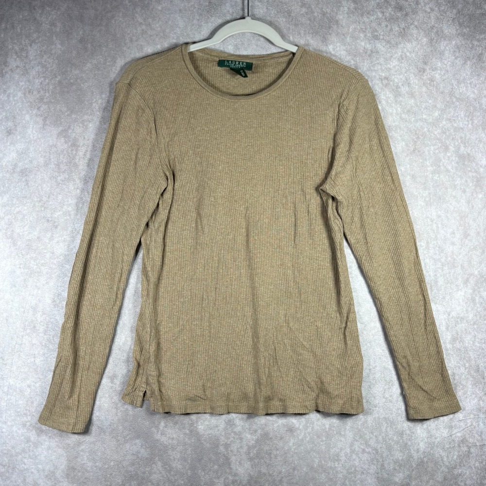 Lauren Ralph Lauren T Shirt Women PM Tan Ribbed Long Sleeve Elbow Patches Cotton